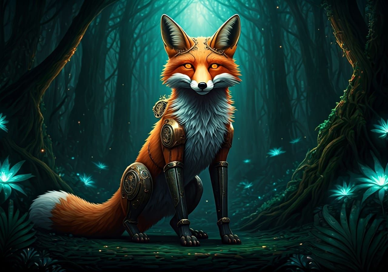 Steampunk Fox in Bioluminescent Forest