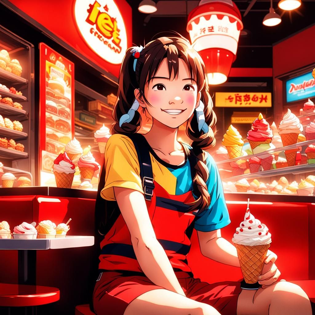 Anime Style: Plump Woman Enjoys Ice Cream