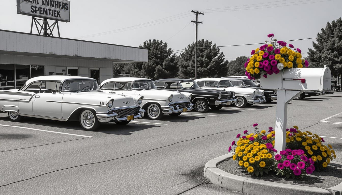 1960s Drive-In Theater with Flower-Filled Mailbox
