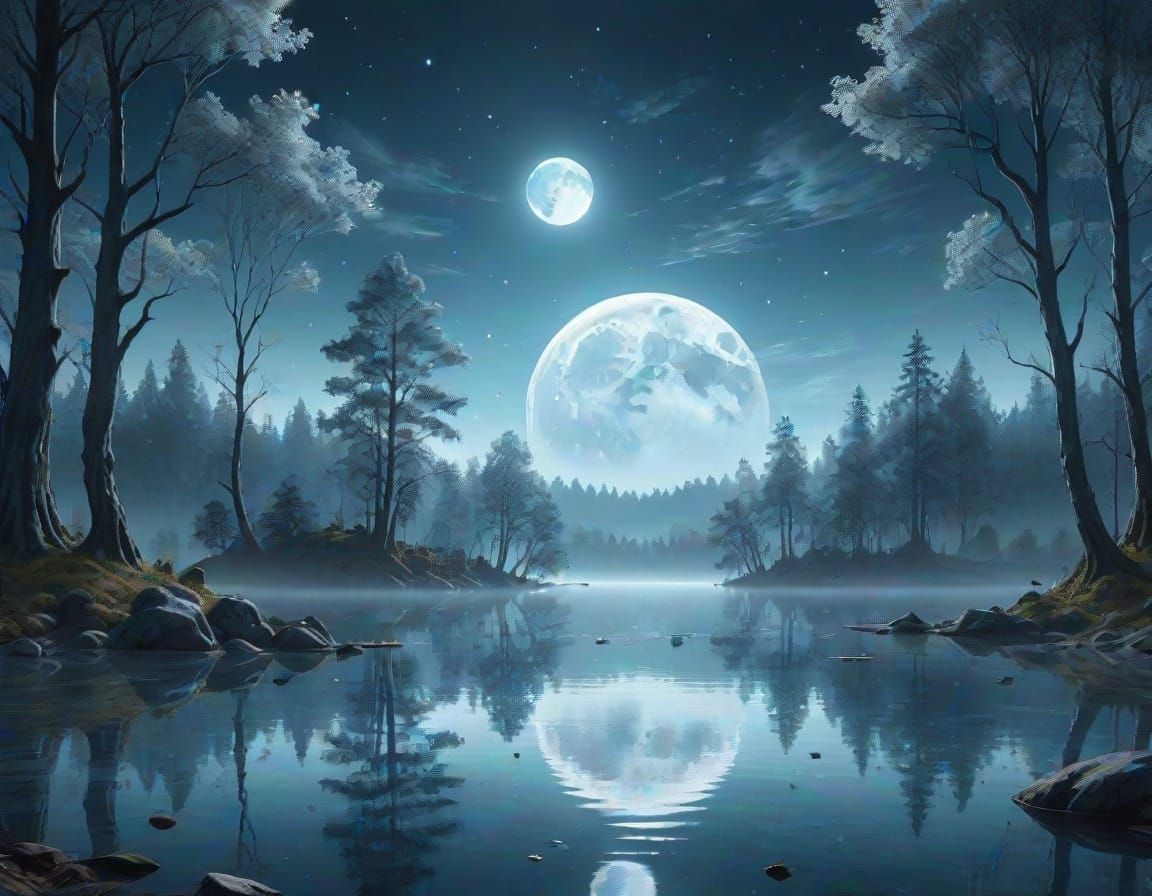 Silver and Blue Moonscape Forest in Digital Matte Painting