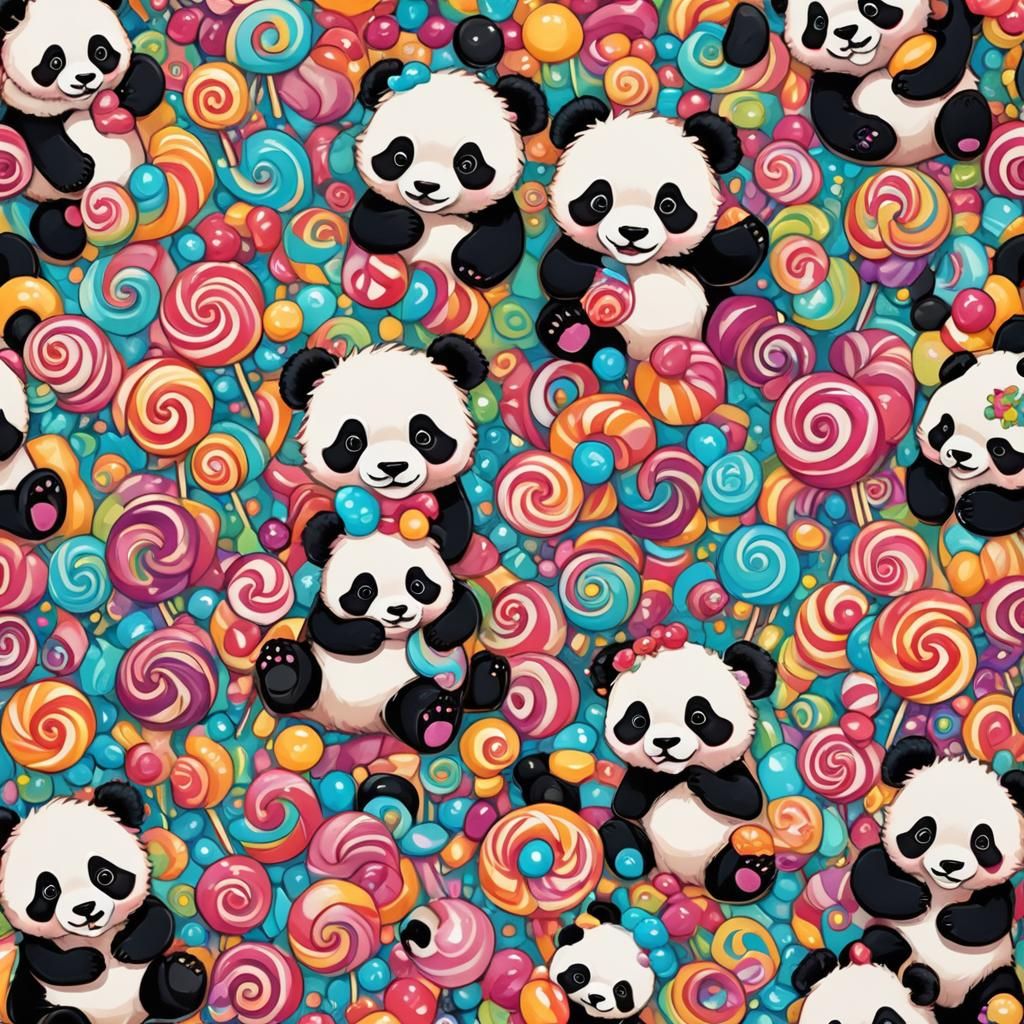 Adorable Cartoon Panda Bears in Candyland