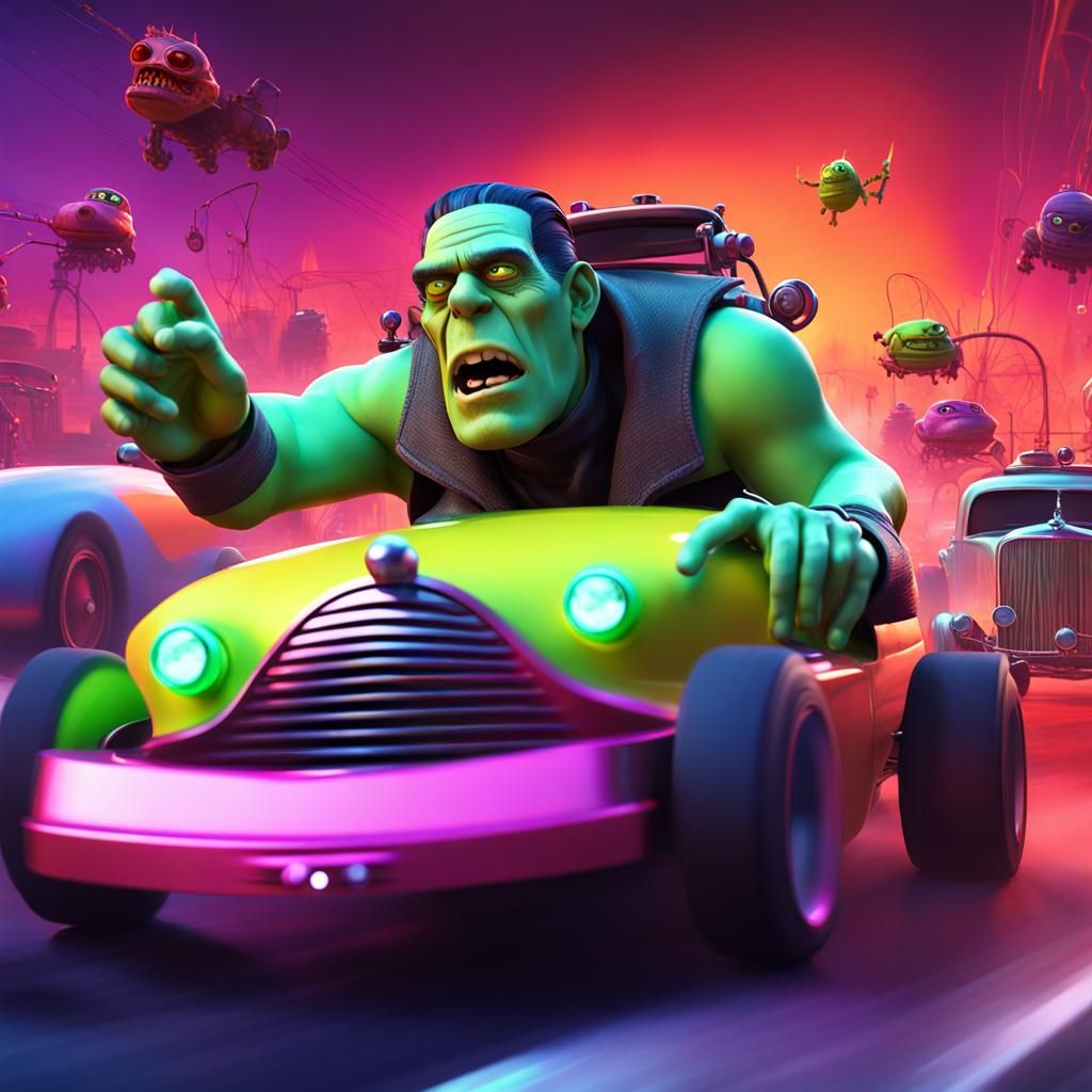 Frankenstein Driver Drag Race: Pixar-Style 3D Concept Art