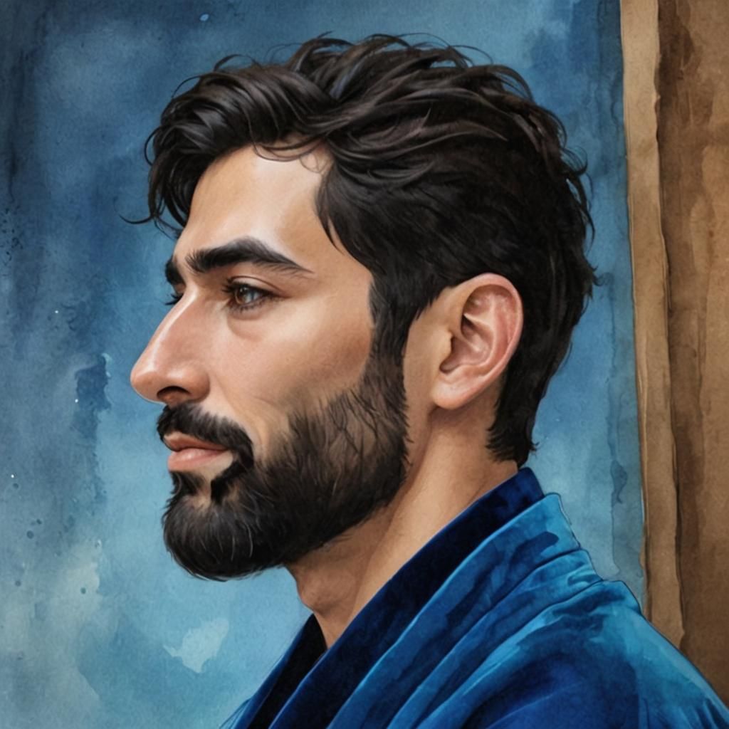 Handsome Man in Blue Velvet Robe: Digital Art