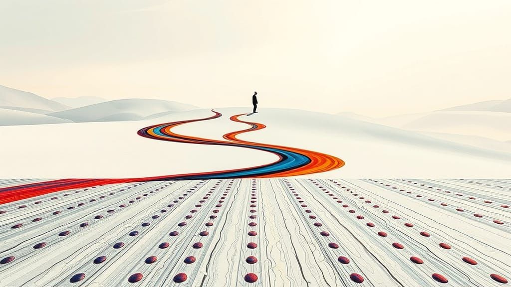 Vibrant Paint Trail Dances Across Minimalist Landscape