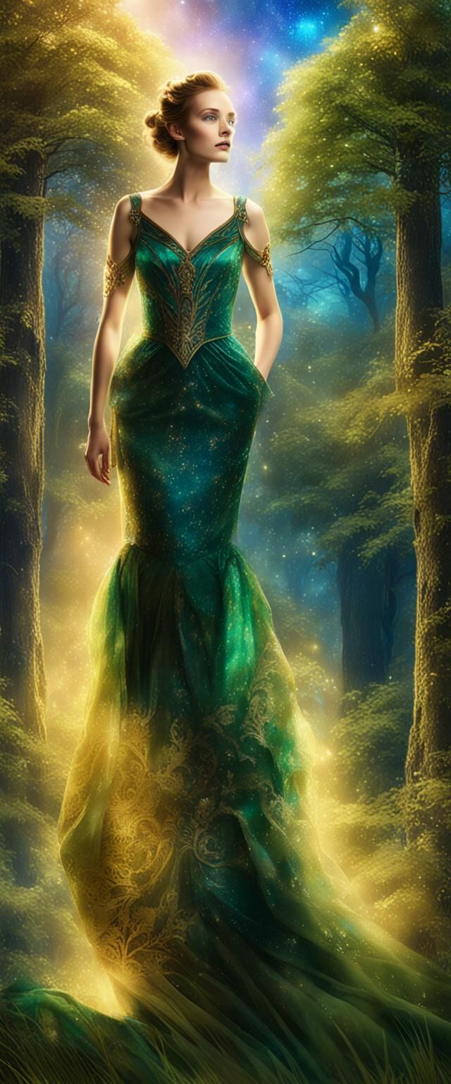 Woman in Golden Silk Gown in Mystical Forest