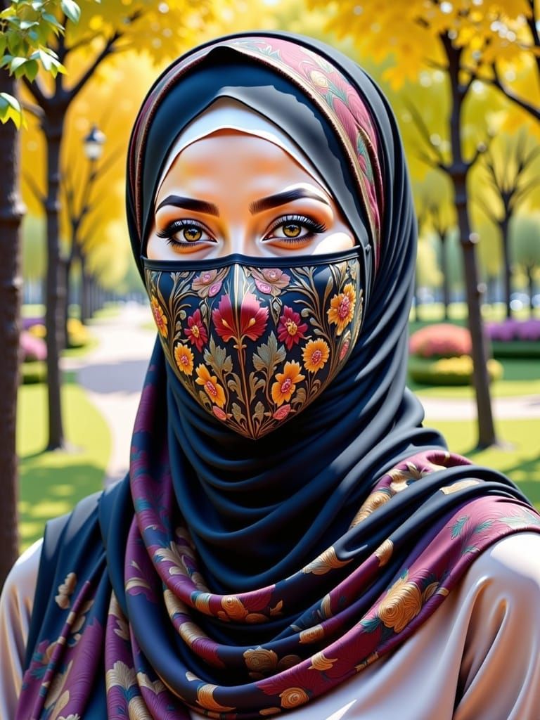Young Woman in Hijab and Mask, Spring Park