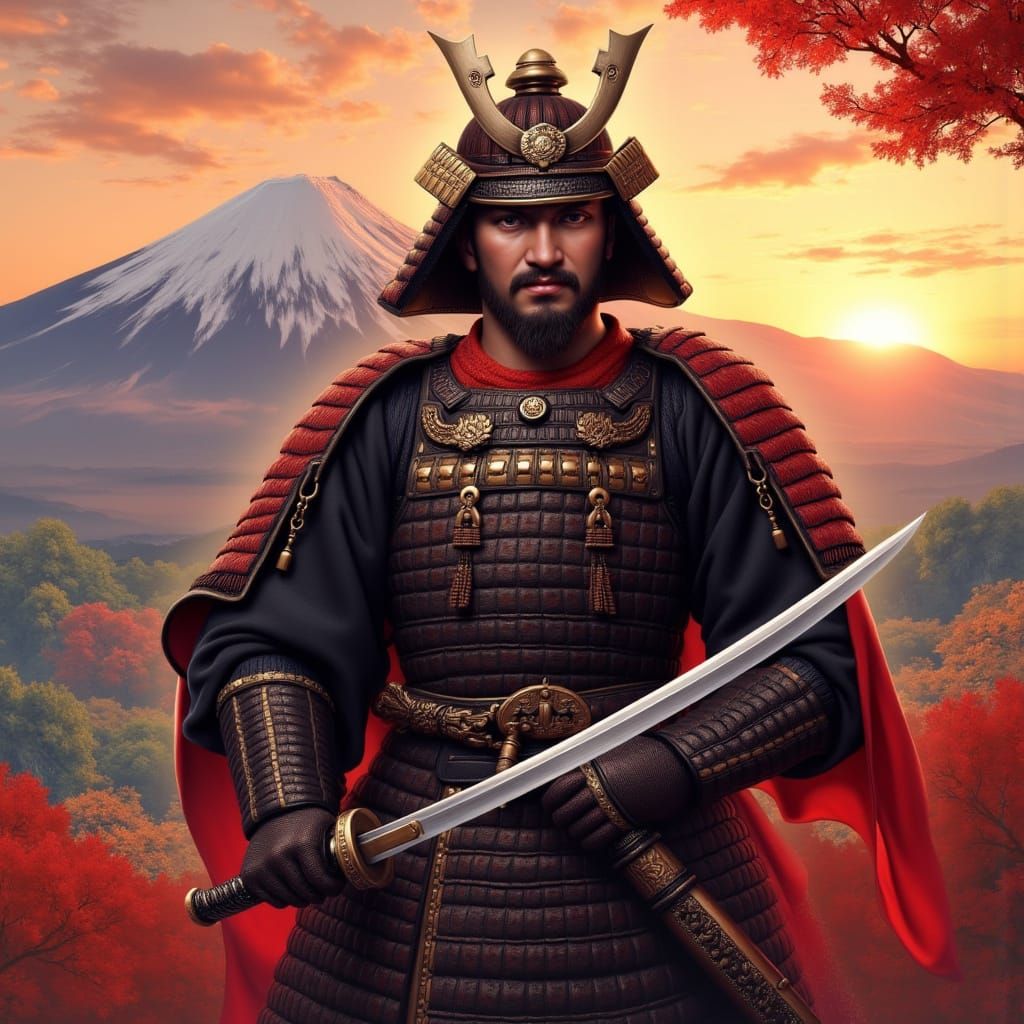 Caucasian Samurai in Traditional Armor with Mt. Fuji Sunset
