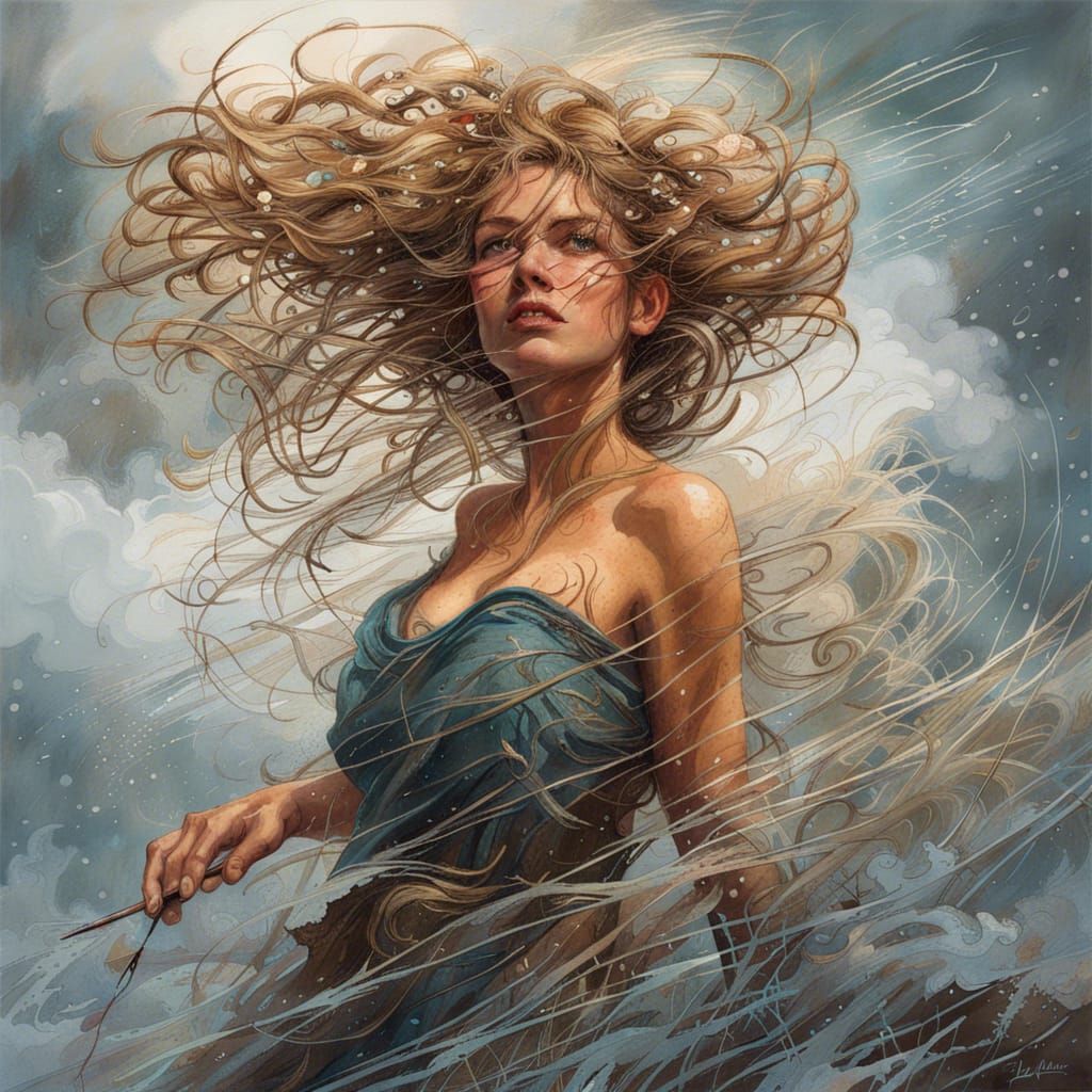 Windswept Lady in a Stormy Fantasy Art Style