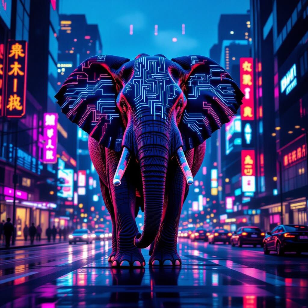 Cyberpunk Elephant in Futuristic Cityscape