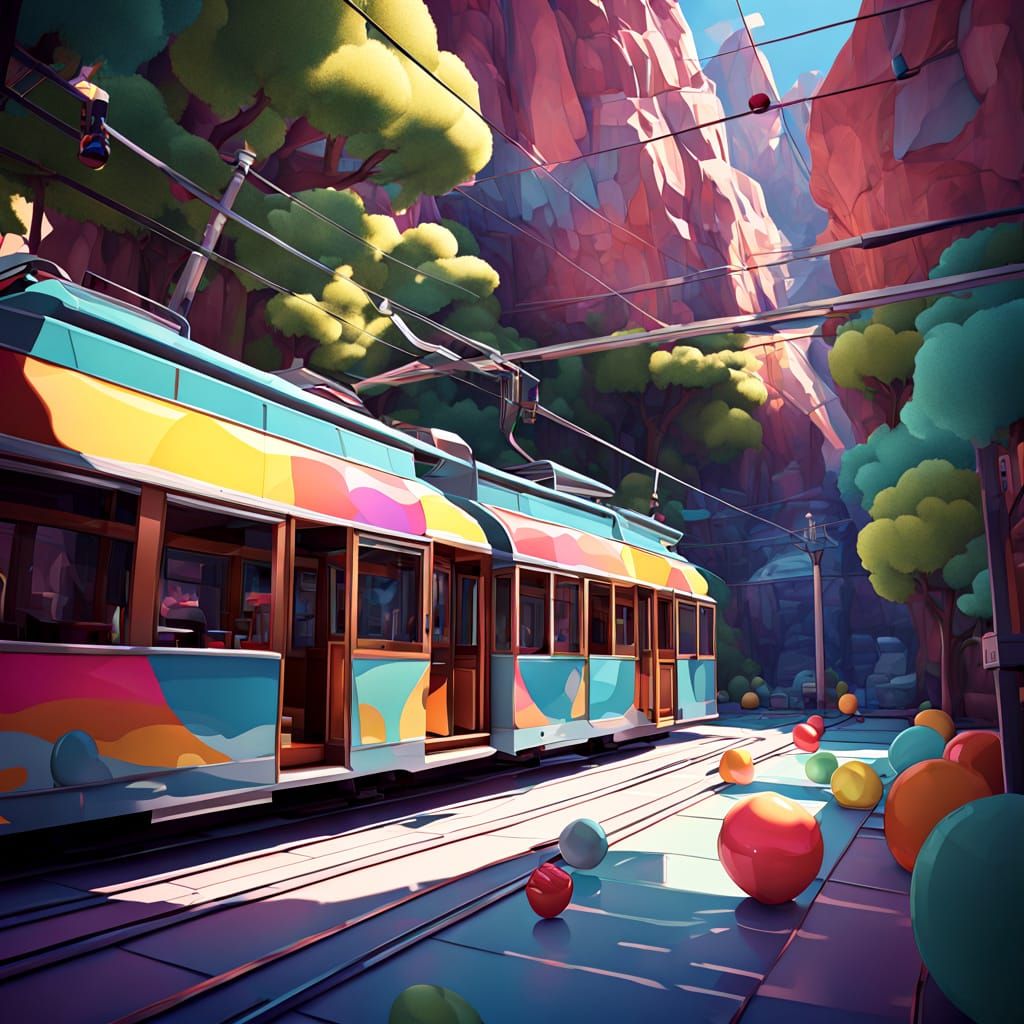 Whimsical Journey in a Vibrant Cable Car, Set Amidst a Fanta...