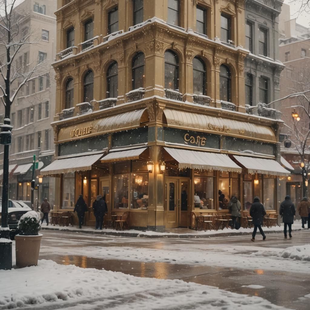 Snowy Day at a Gilded Cafe: Impressionist Film Still