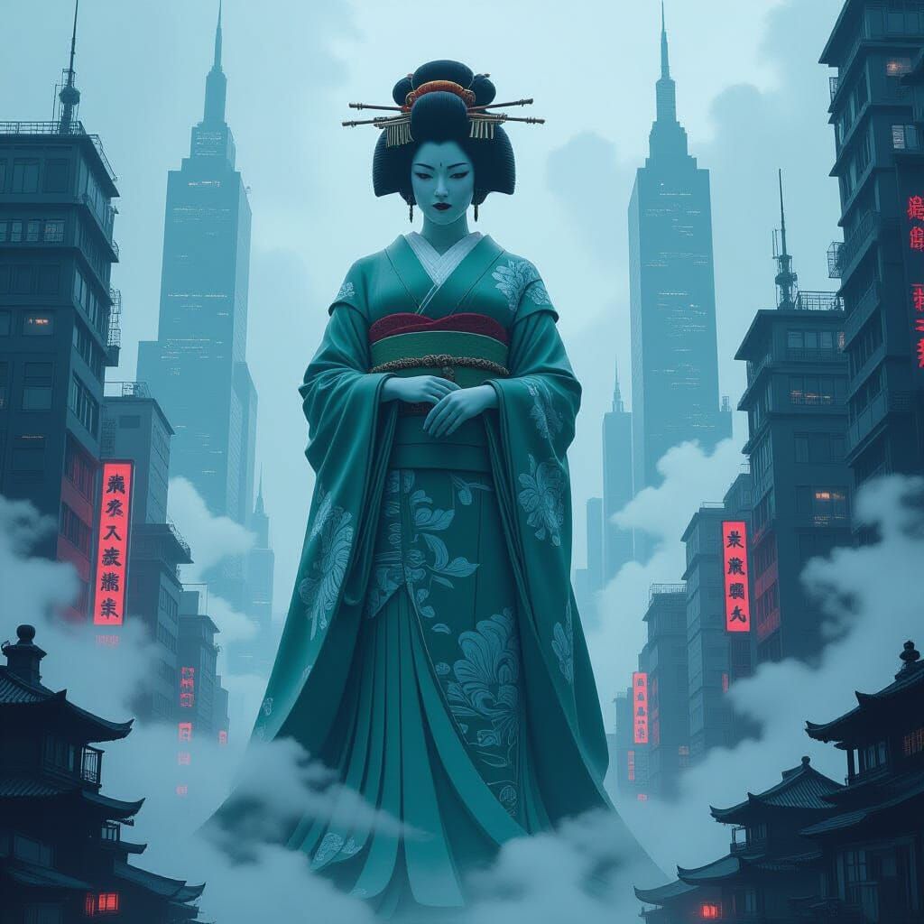 Jade Geisha Statue Over Futuristic Cyberpunk City