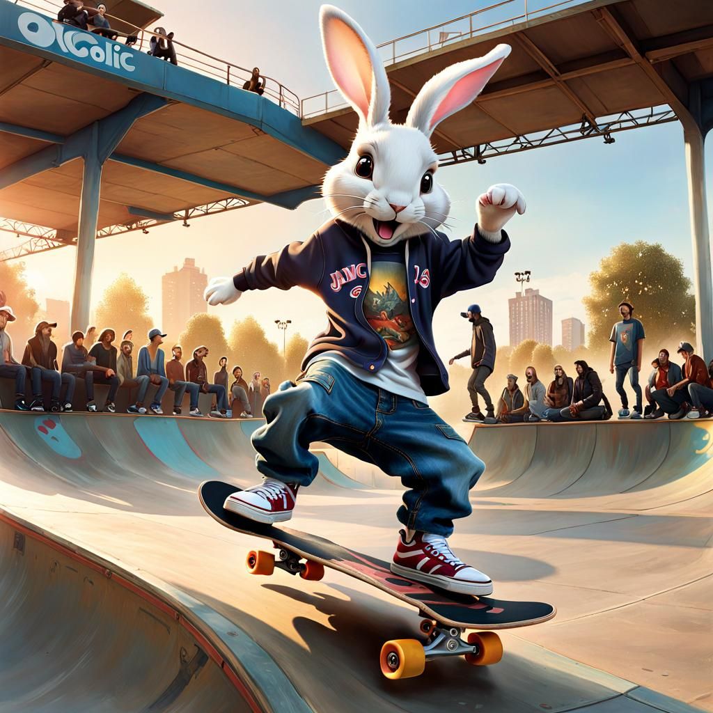 Anthropomorphic Rabbit Skateboarding in Hyperrealistic Style