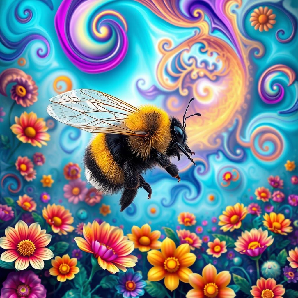 Vibrant Bumblebee Soars Through Surreal Fractal Garden