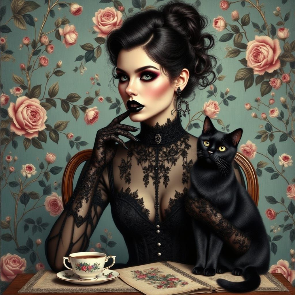 Gothic Woman with Black Cat in Digital Illustration