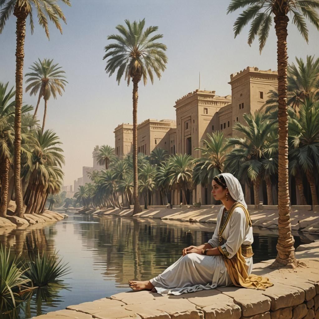 Egyptian Palaces and Riverside Woman in Summer