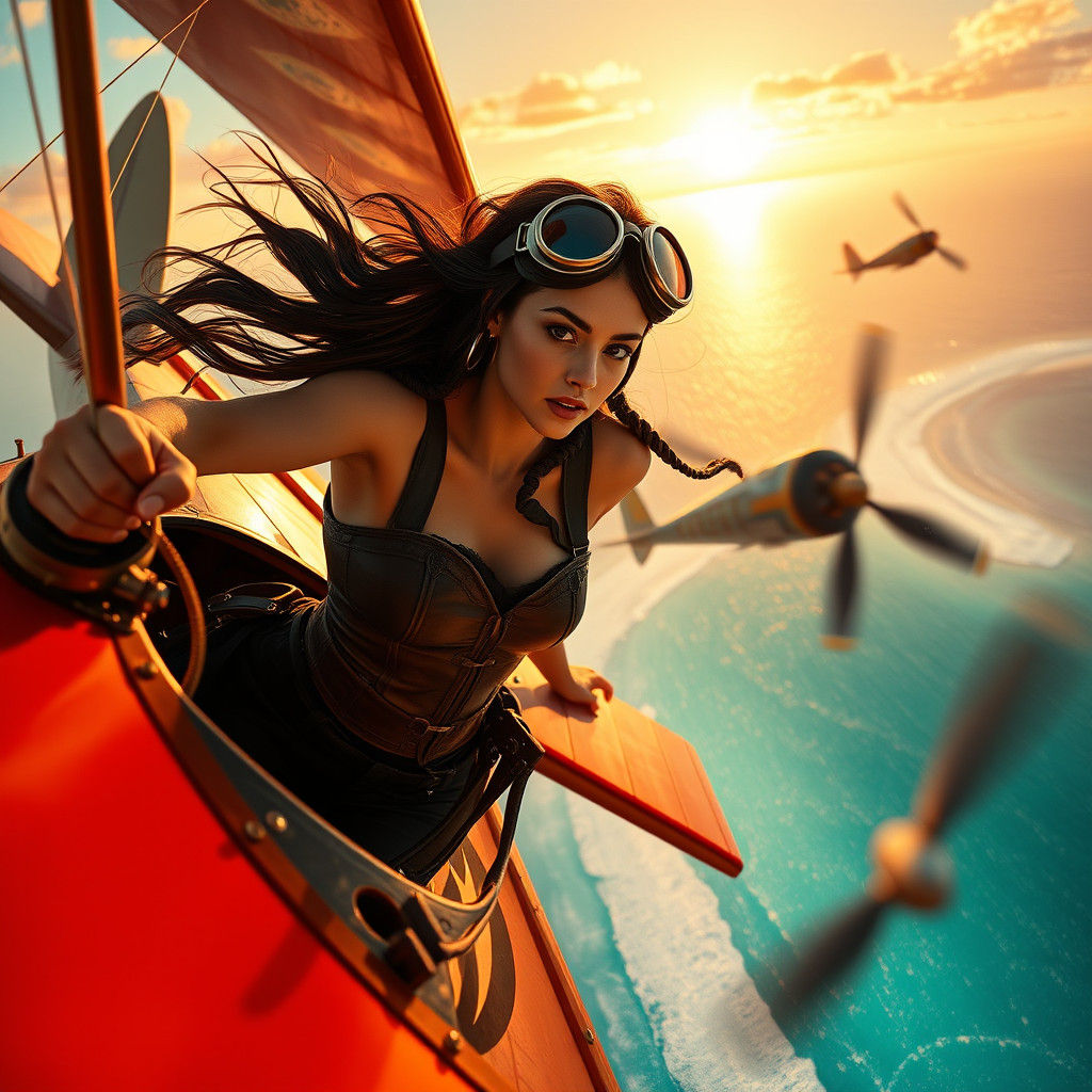 Steampunk Pilot in Aerial Combat, Pop Art Style