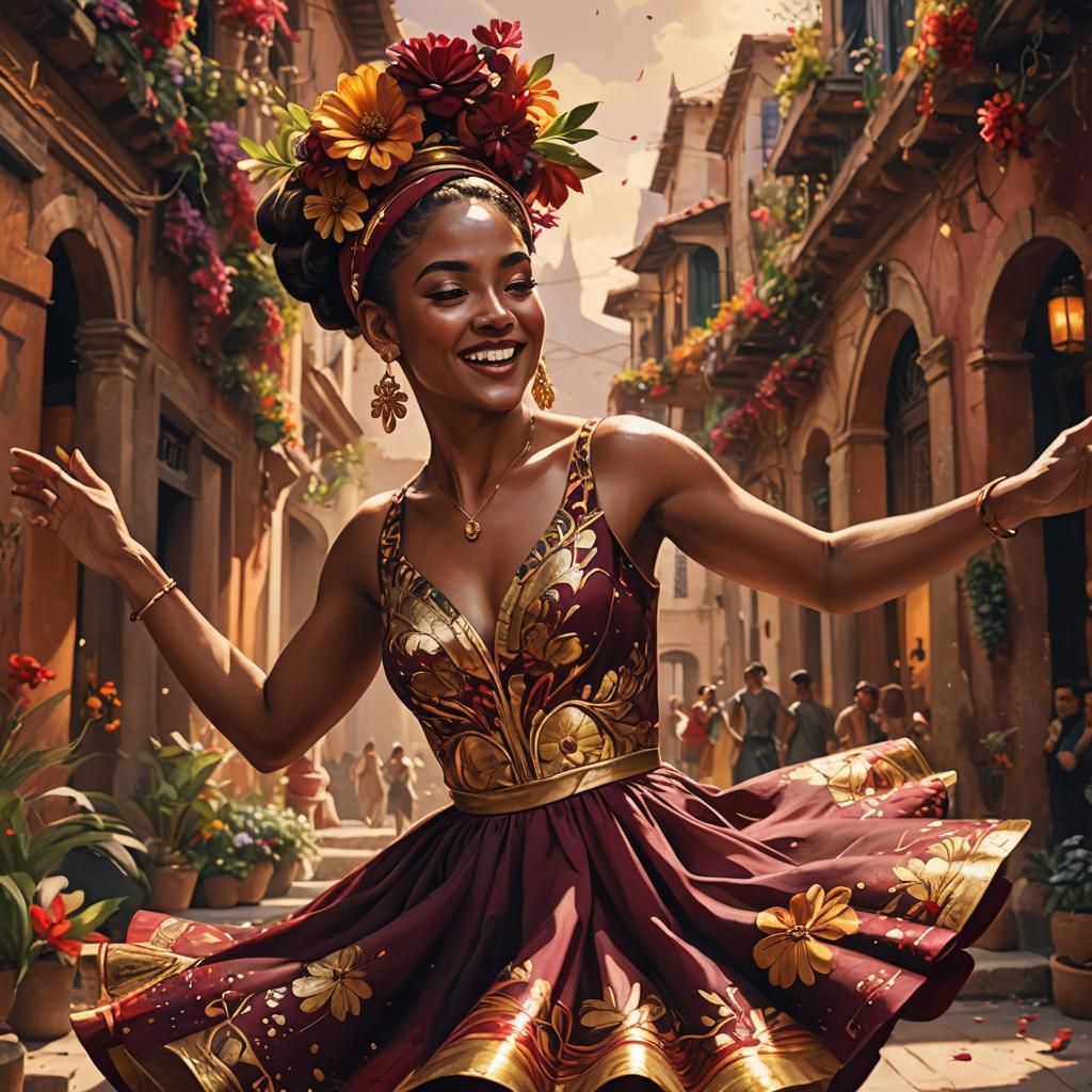 Elated Woman Dancing in Burgundy and Gold Dress
