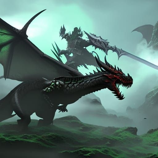 Black Dragon Attacks Warrior: Dark Fantasy Art