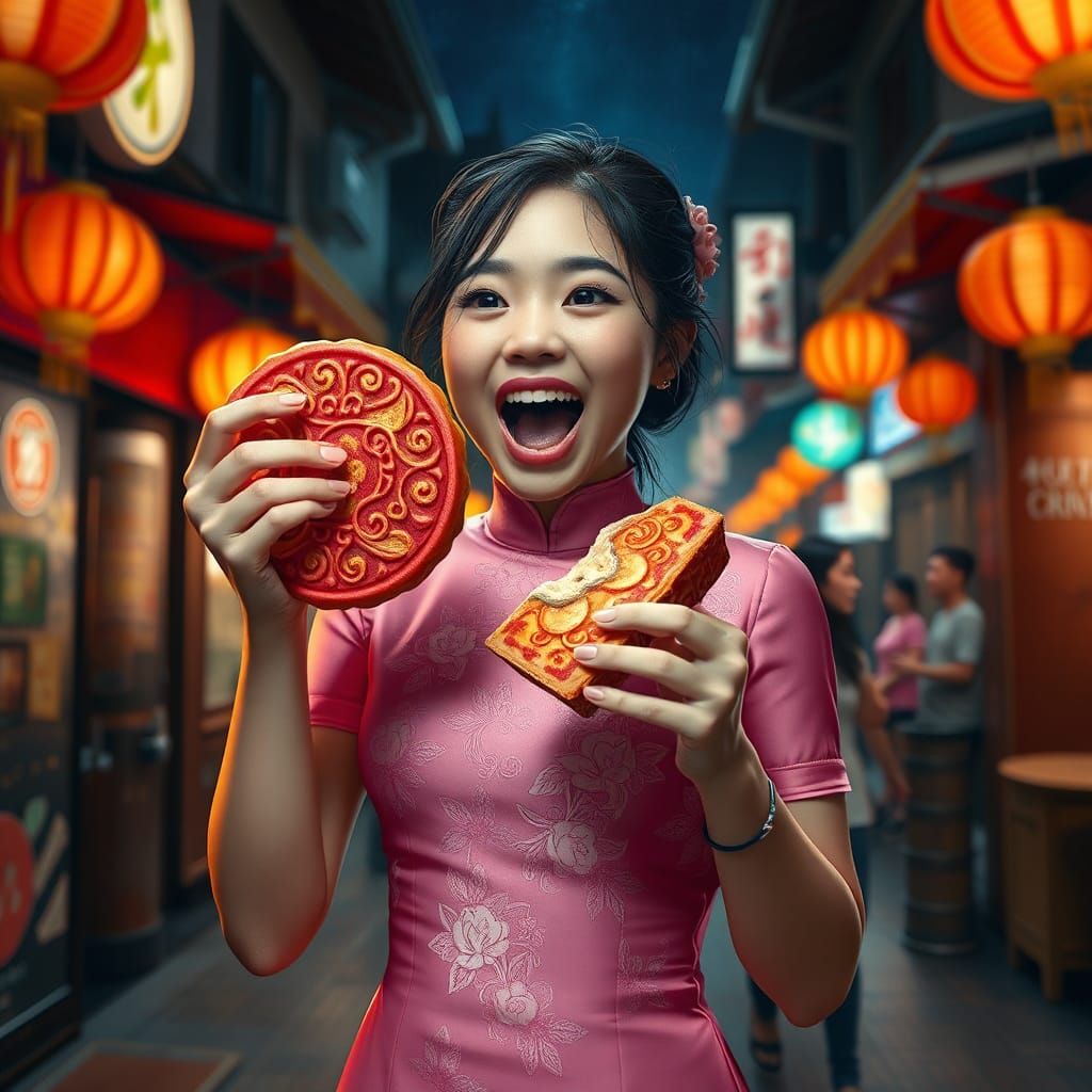 Girl in Cheongsam Eating Mooncake in Chinatown
