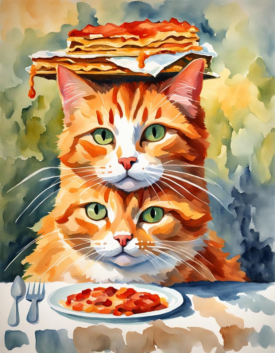 Ginger Cat Lasagna Gouache Watercolor Masterpiece