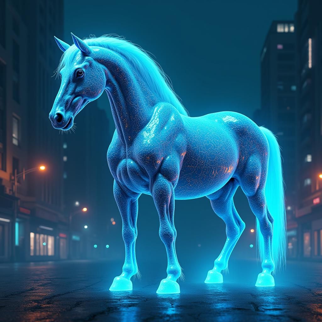 Cyberpunk Metallic Horse in Neon Cityscape