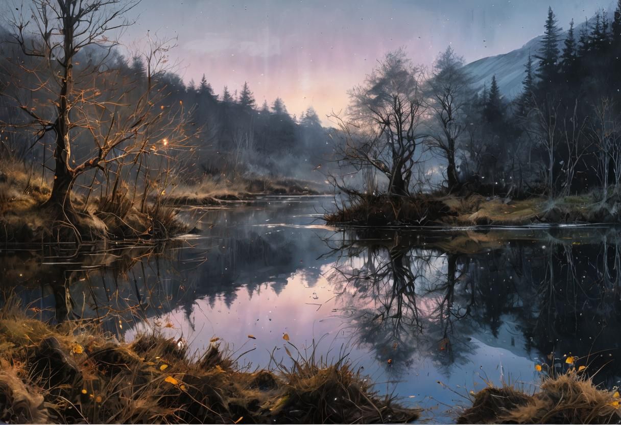 Glistening Reflections on Frozen Lake as Ink Acrylic