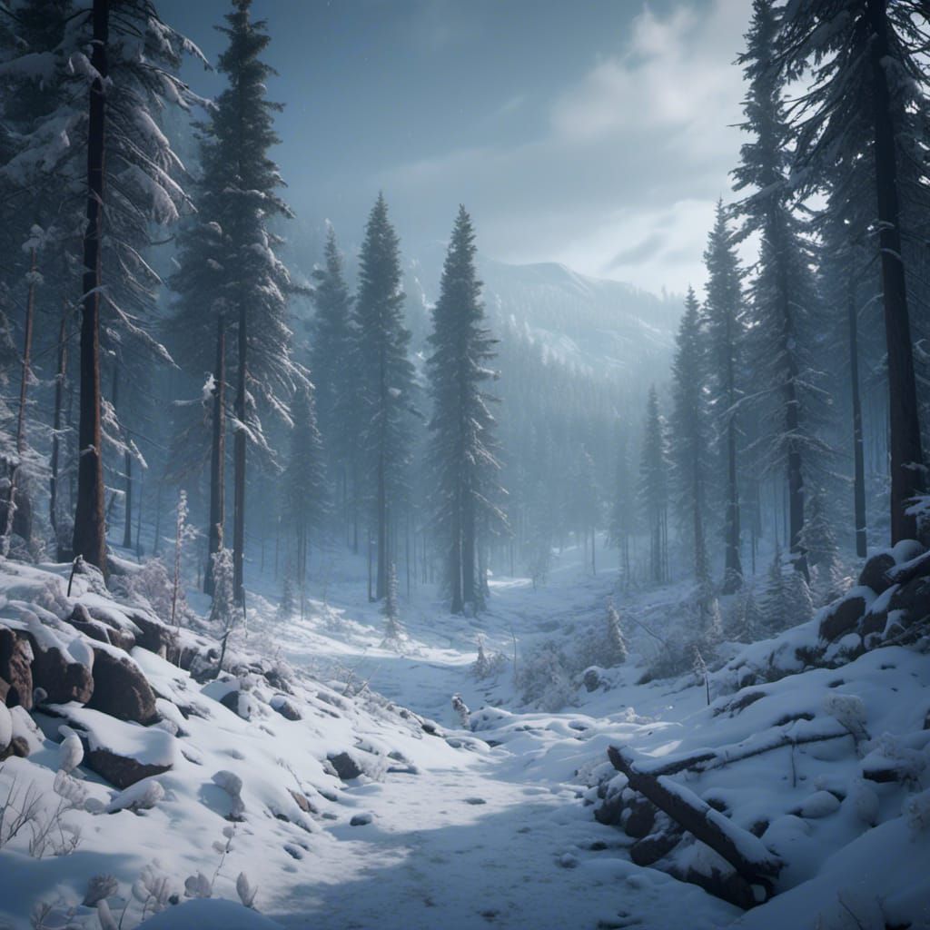 Blizzard in Snowy Canadian Forest, Cinematic 3D Render