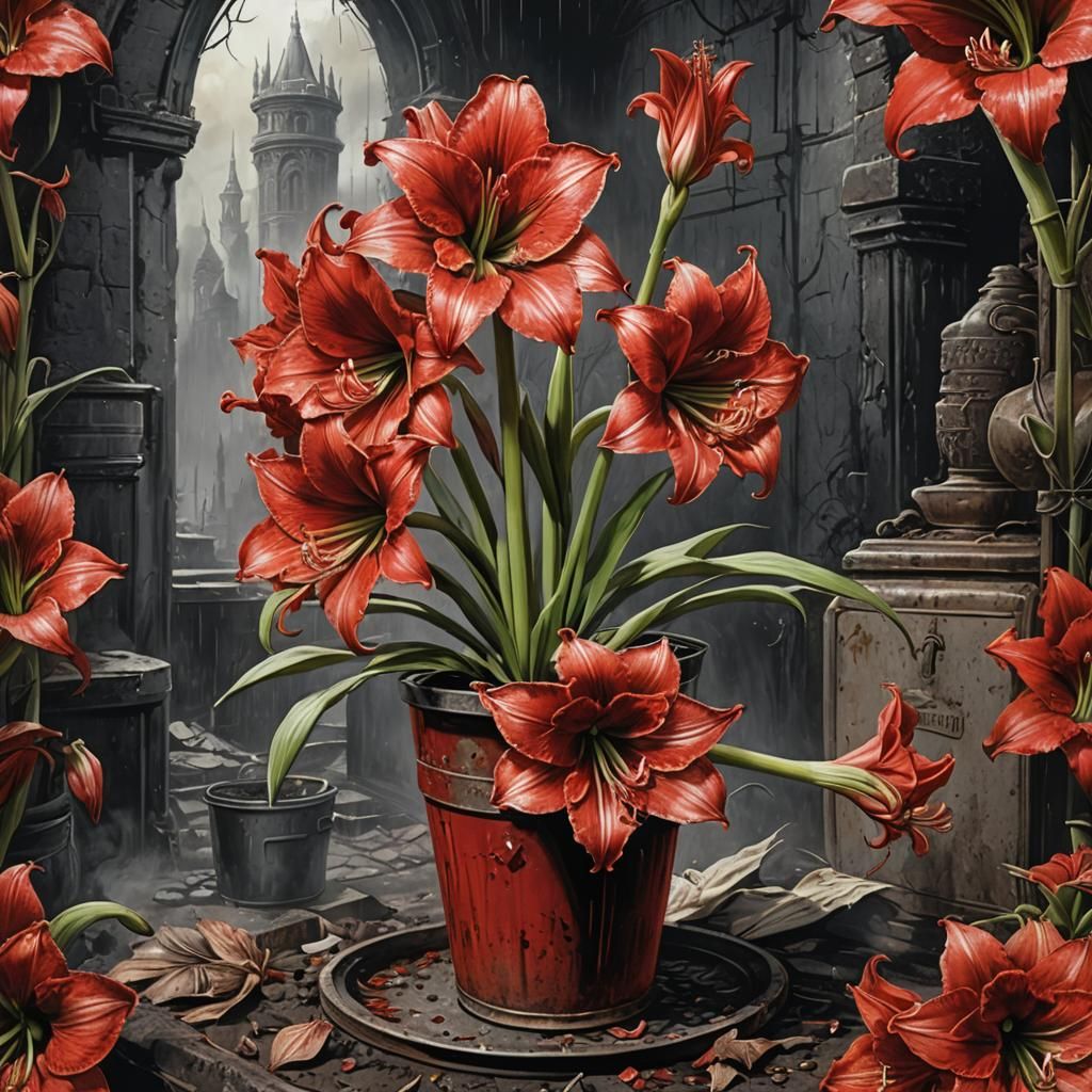 Amaryllis Flower in Tin Pot: Vivid Oil and Ink Illustration