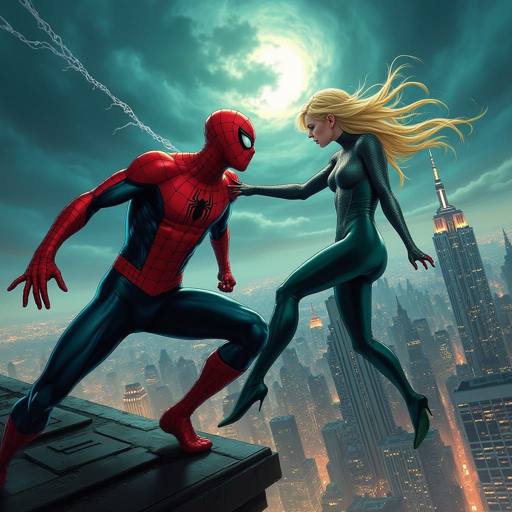 Ghost-Spider Battles Vulture Above New York Cityscape