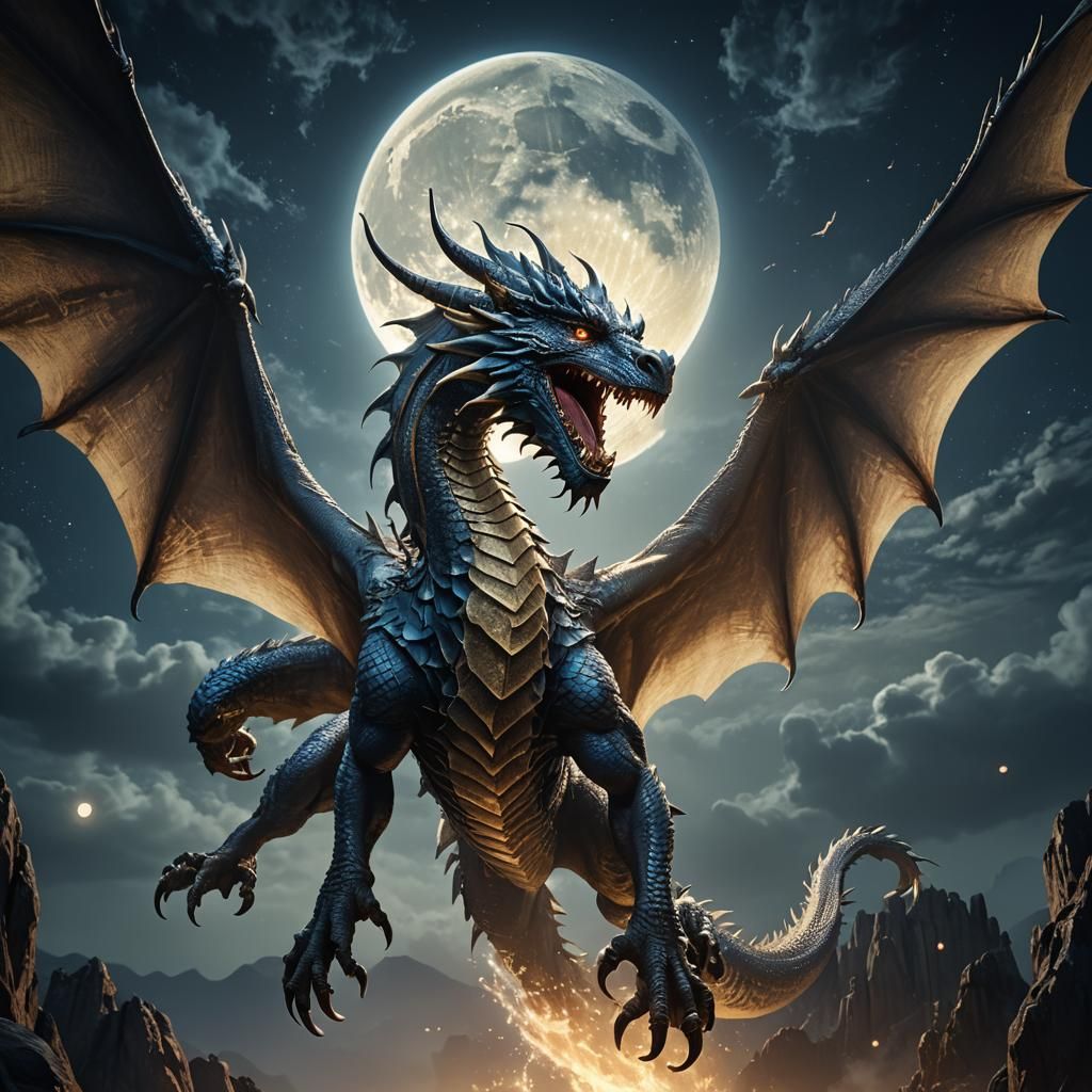 Majestic Dragon Soaring in Moonlight, Photorealistic Style