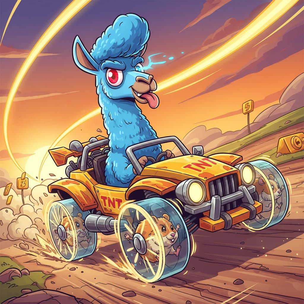 Llama Driving Hamster-Powered Buggy in Crash Bandicoot Style