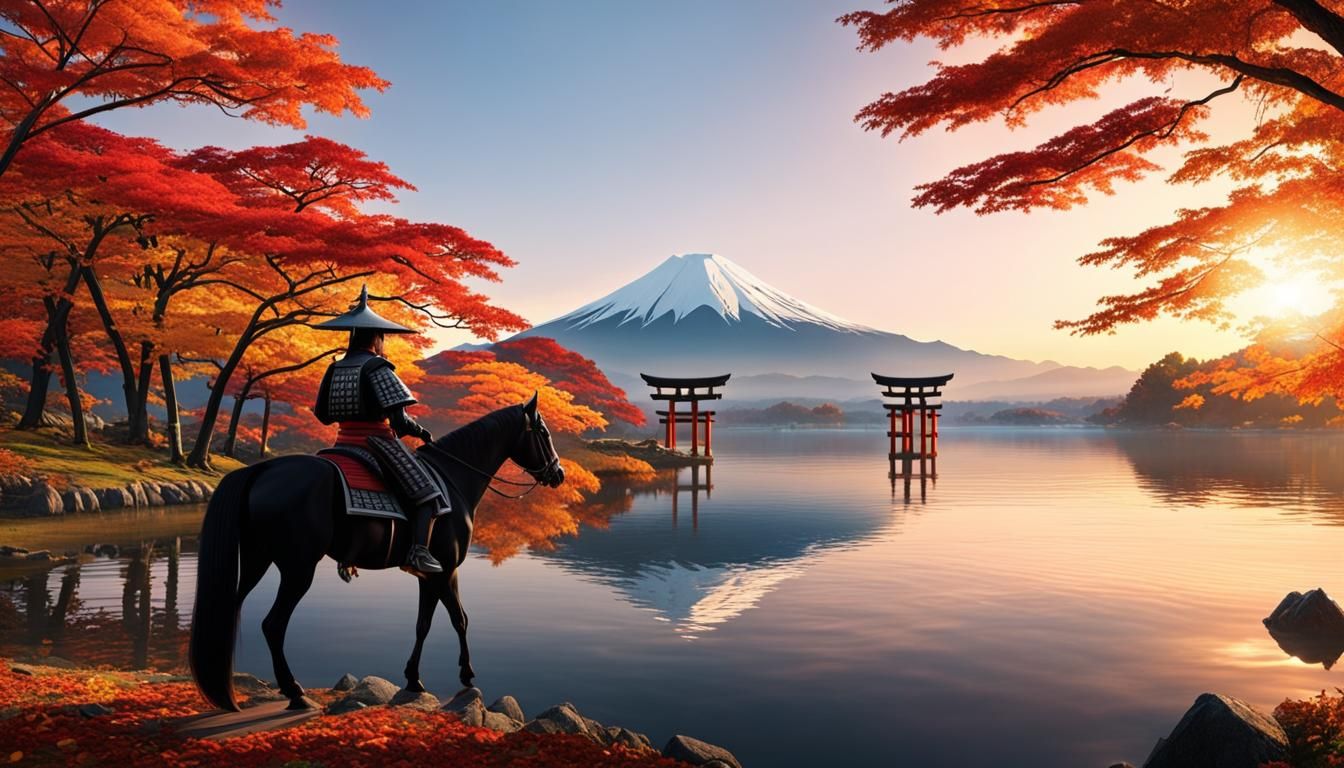 Samurai Warrior on Horseback at Lake with Torii