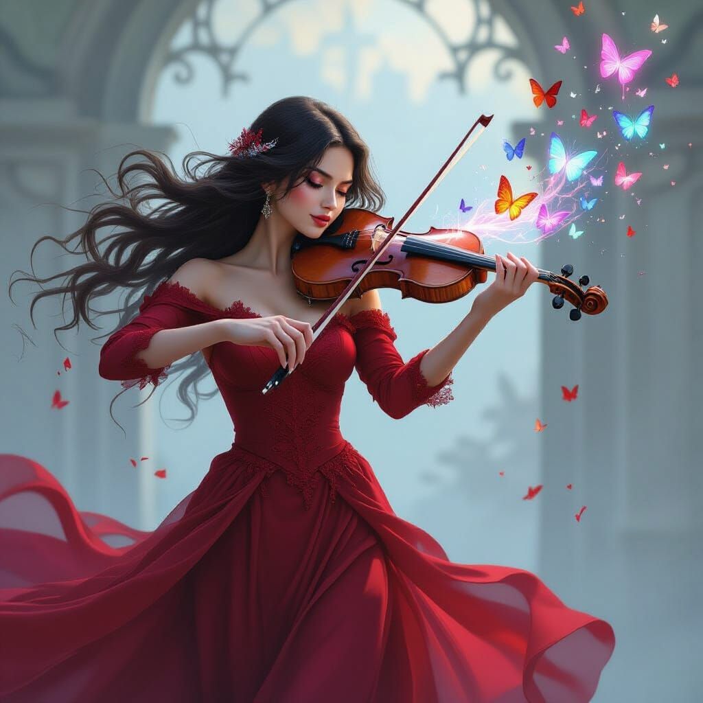 Crimson Violinist Conjures Ink Butterflies