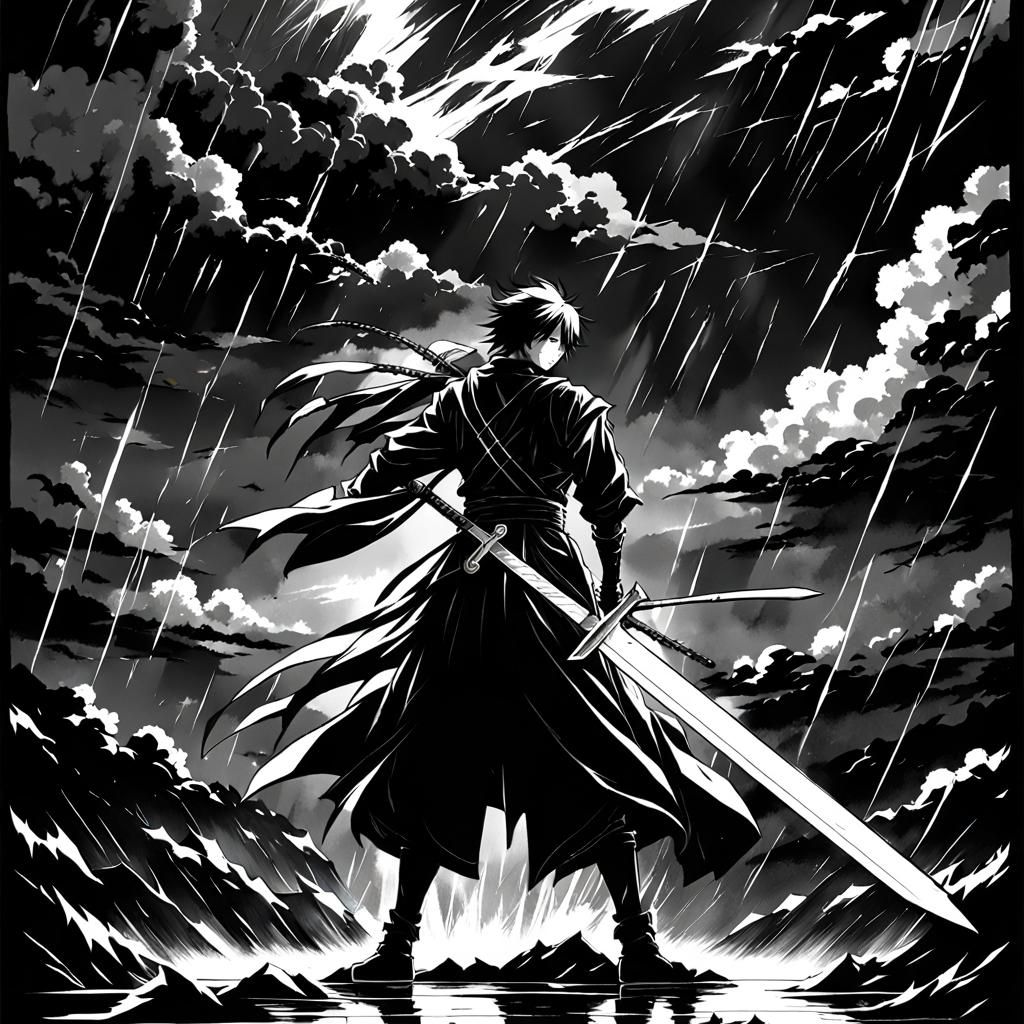 Swordsman in Thunderstorm: Anime-Inspired Black and White Ar...