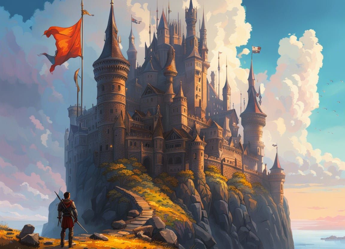 Adventurer Gazes at Majestic Castle in Fantasy Art Style