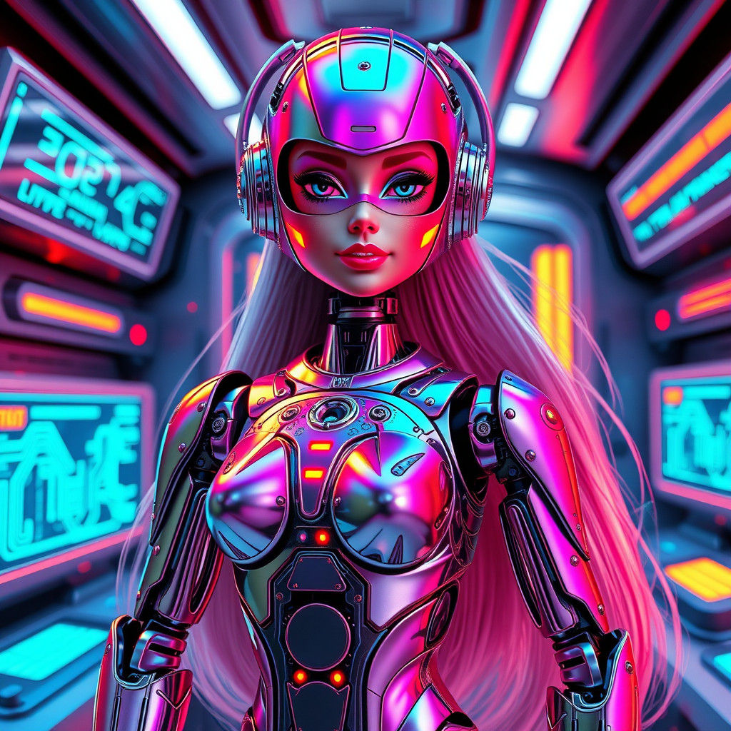 Futuristic Robot Barbie Doll in Pop Art Style