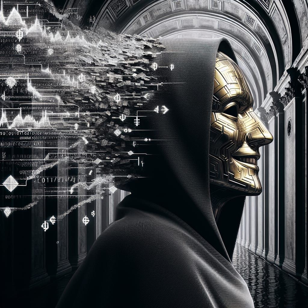 Mysterious Gold Trickster in Profile, Surrounded by Digital ...