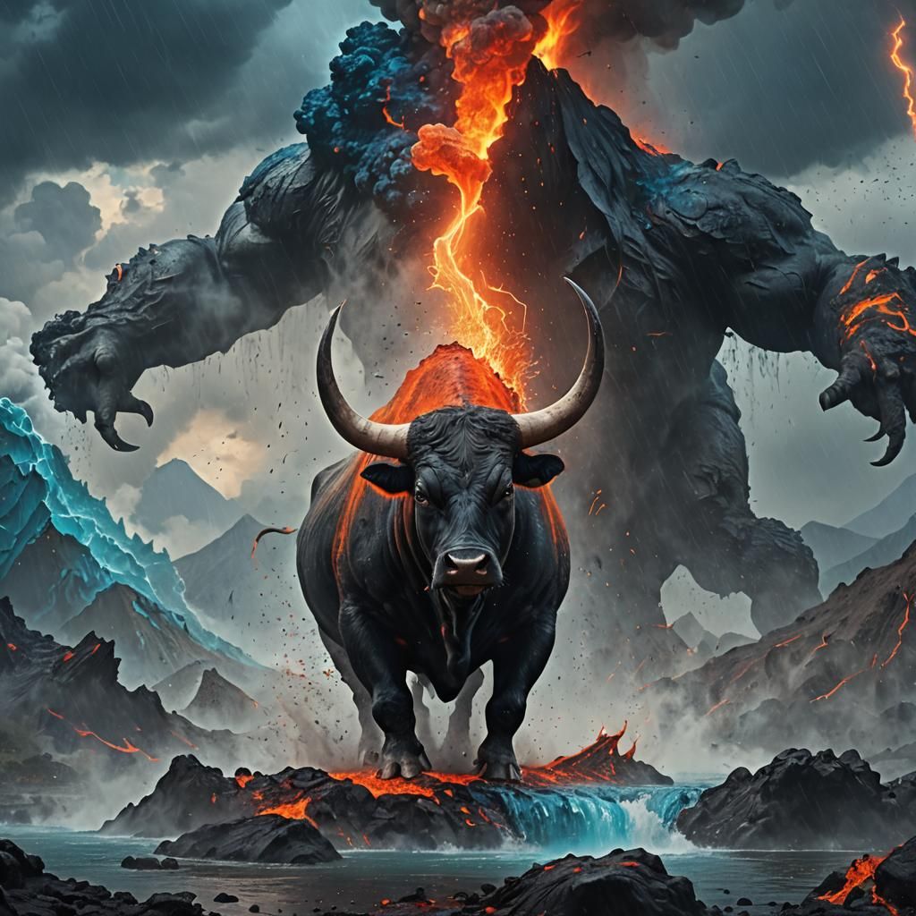 Fiery Bull Amidst Volcanic Eruption