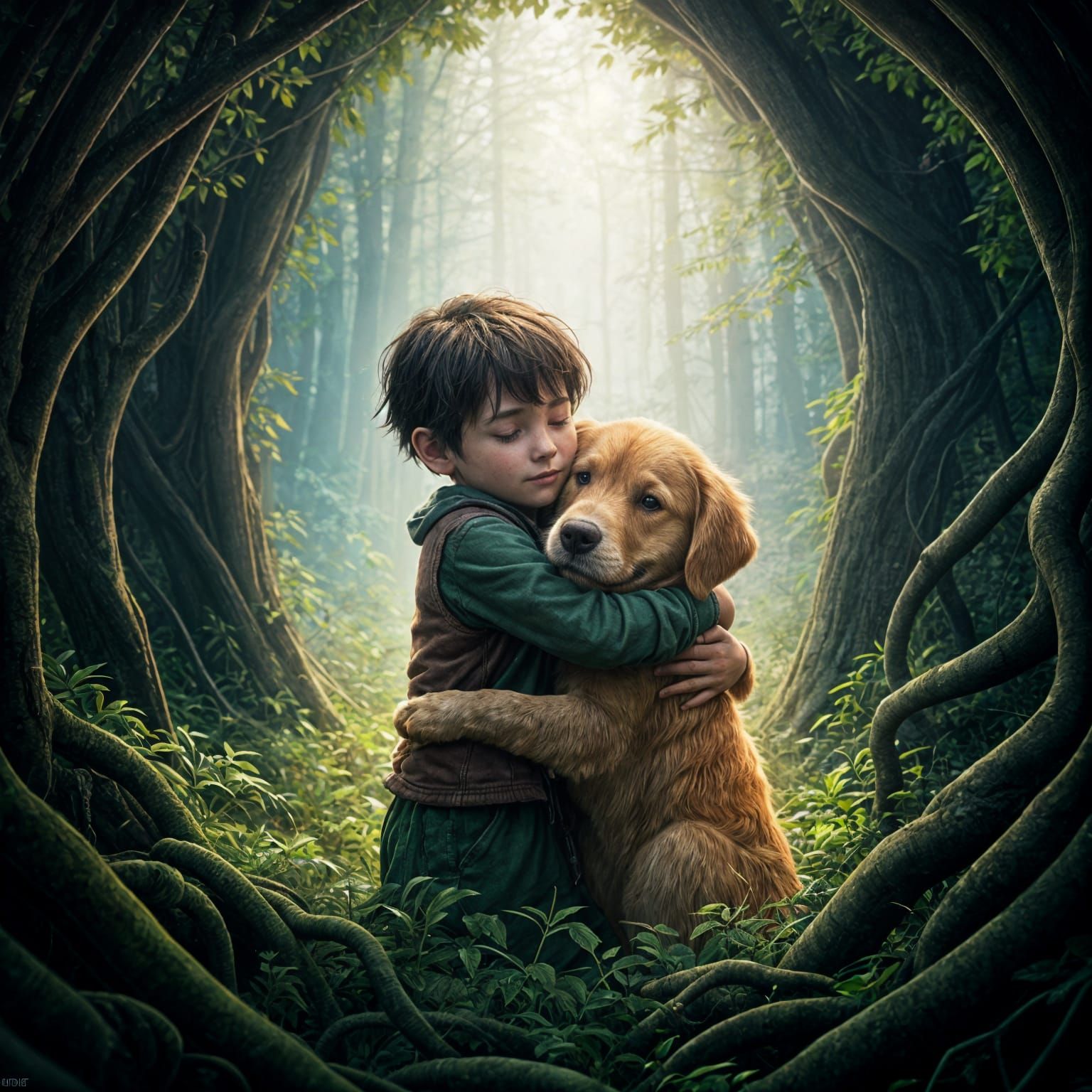 Little boy hugging his golden retriever