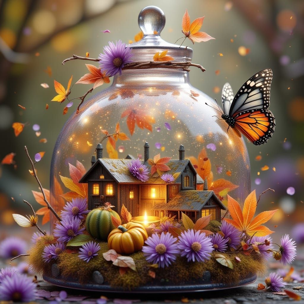 Fairy Autumn Village Lantern in Hyperrealistic Mixed Media
