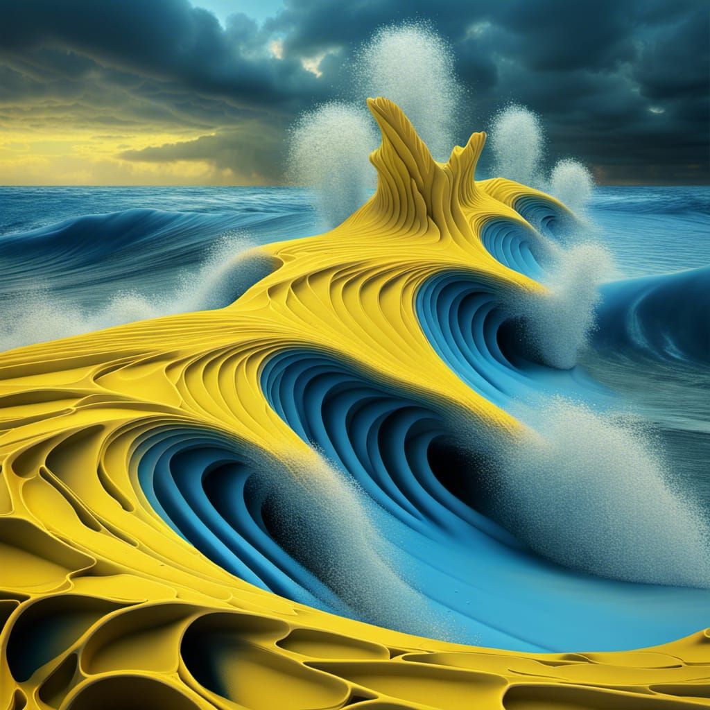 Surreal Fractal Blue Waves Crashing on Rocks