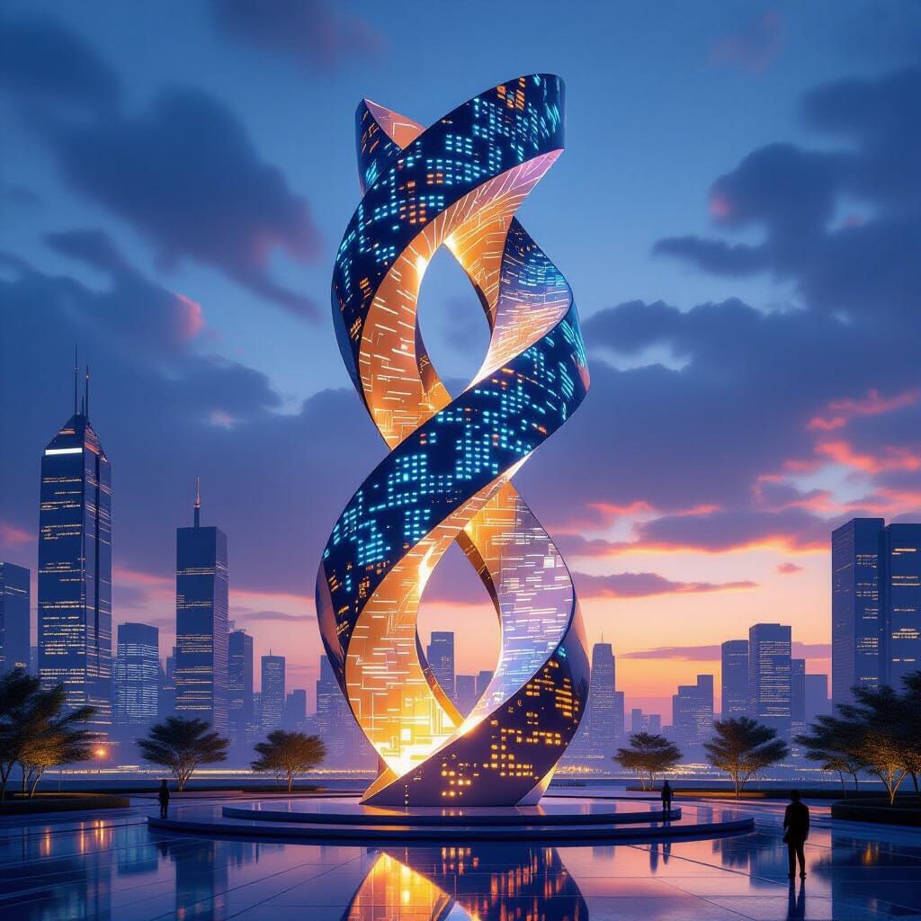 Abstract Sculpture of Code and Nature in Futuristic City