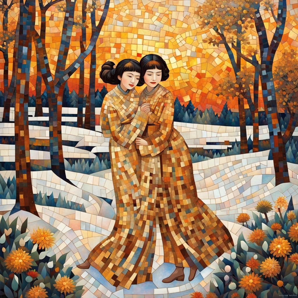 Gold Mosaic: Women Playing in Snowy Landscape
