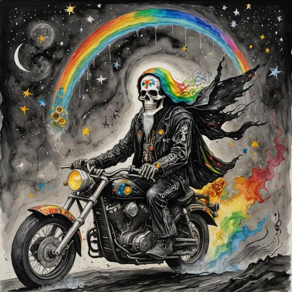 Santa Muerte Rides Motorcycle in Rainy Starry Night