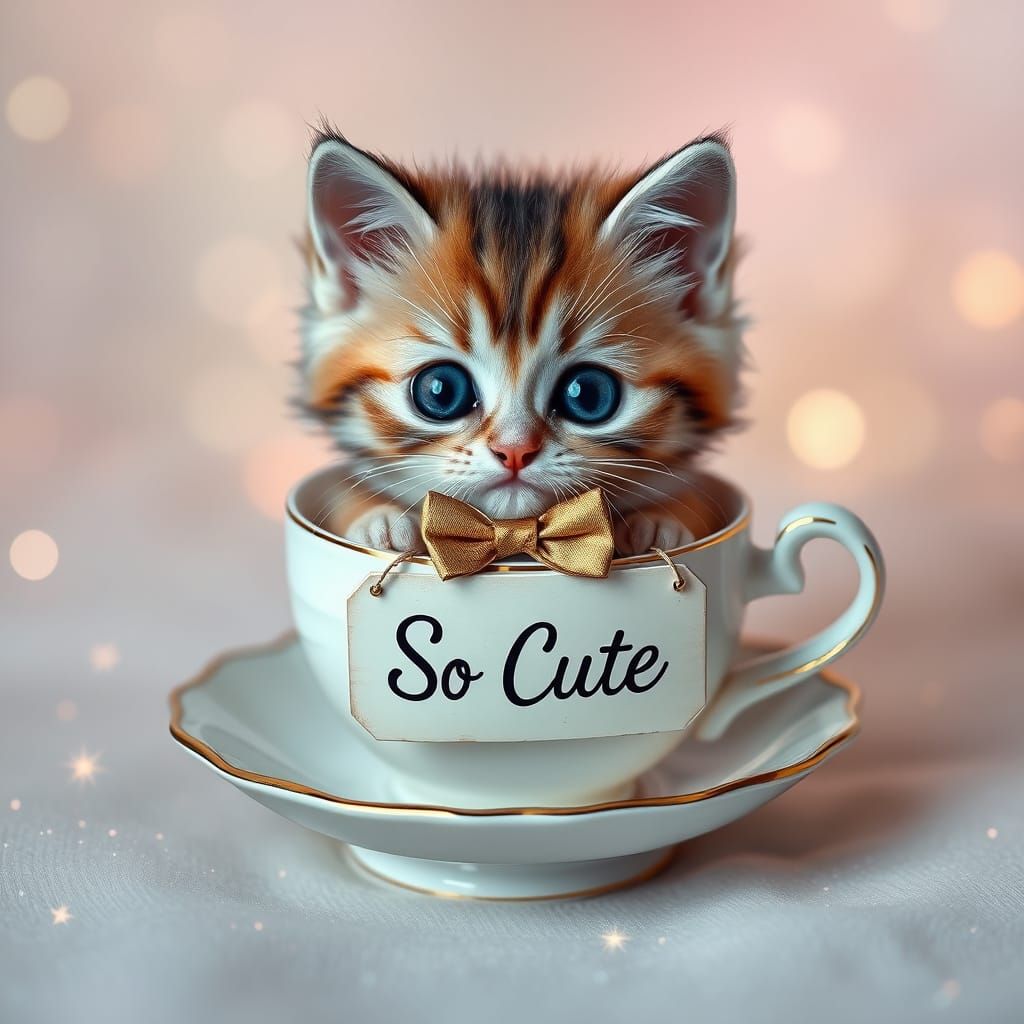 Adorable Kitten in Teacup with Sign, Hyperrealistic Style