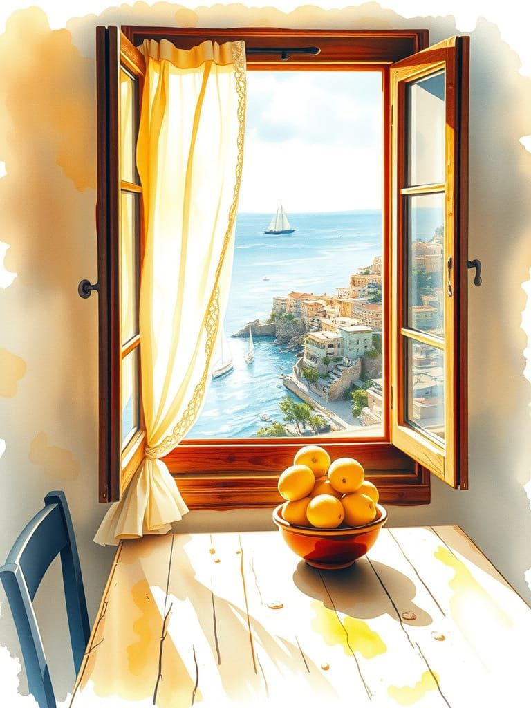 Dreamy Watercolor of Rustic Italian Kitchen in Golden Mornin...