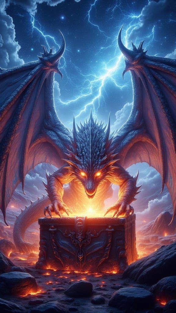 Mythical Dragon Guarding Magical Treasure Chest