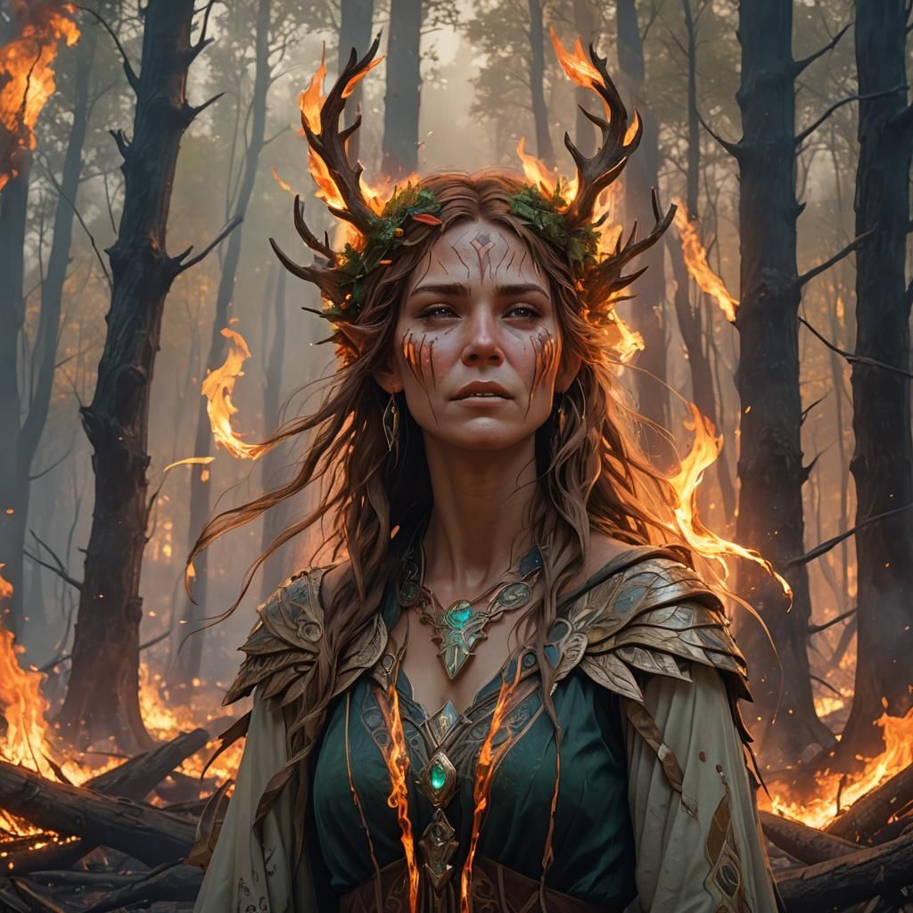 Crying Druid in Burning Forest, Detailed Digital Art