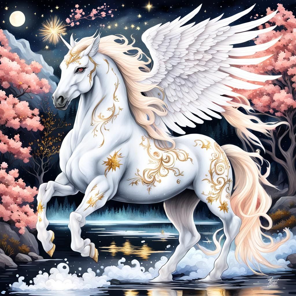 Watercolor Pegasus with Golden Runes in Gothic Forest